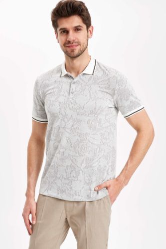 Çiçek Desenli Polo Yaka Slim Fit Tişört