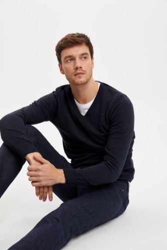 Slim Fit Basic V Yaka Kaşmir Kazak