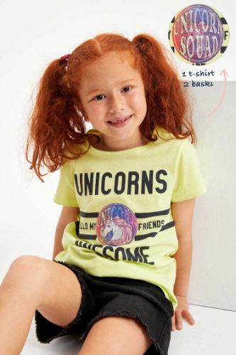 Kız Çocuk Unicorn Hologram Baskılı Kısa Kollu Tişört