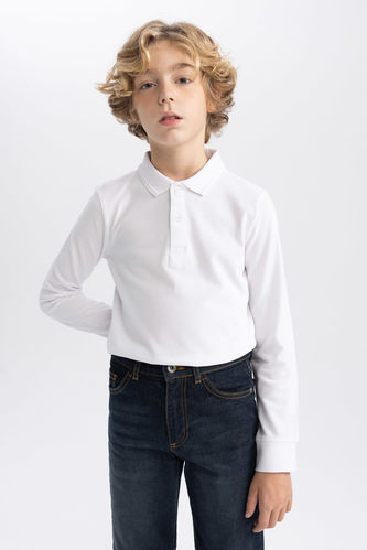 Erkek Çocuk Beyaz Polo Yaka Uzun Kollu Okul Tişört