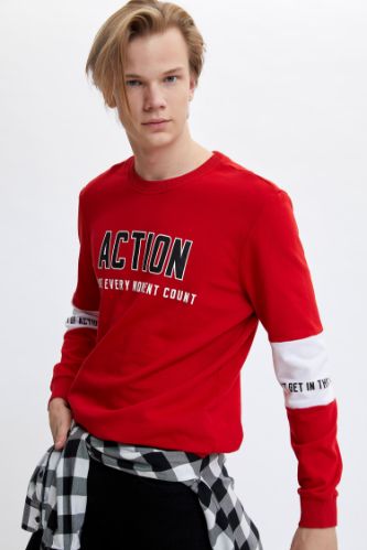 Baskılı Renk Bloklu Bisiklet Yaka Sweatshirt