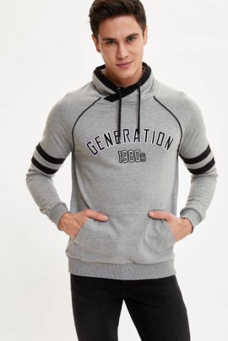 Slim Fit Şal Yaka Baskılı Uzun Kollu İçi Yumuşak Tüylü Sweatshirt