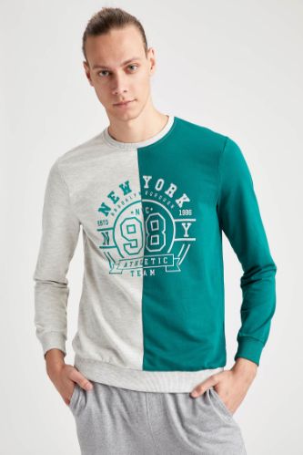 Slim Fit Bisiklet Yaka Kolej Desenli Uzun Kollu Sweatshirt