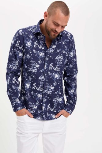 Çiçek Desenli Uzun Kollu Slim Fit Gömlek