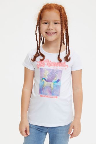 Kız Çocuk Unicorn Hologram Baskılı Kısa Kollu Tişört