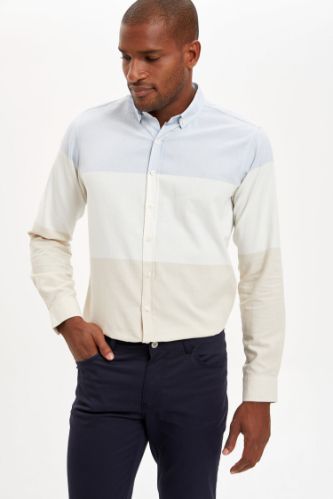 Renk Bloklu Modern Fit Uzun Kollu Pamuklu Gömlek