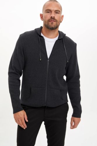 Slim Fit Kapüşonlu Pamuklu Uzun Kollu Hırka