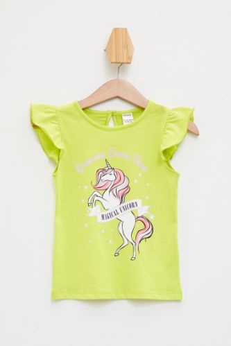 Kız Bebek Unicorn Baskılı Volanlı Kısa Kollu Pamuklu Tişört