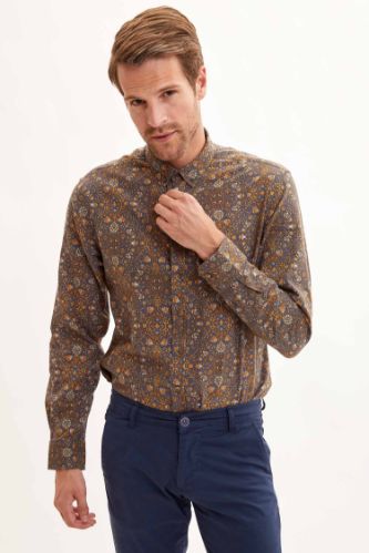 Çiçek Desenli Slim Fit Uzun Kollu Pamuklu Gömlek