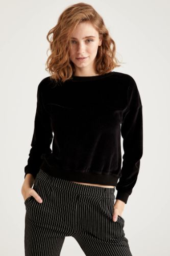 Regular Fit Bisiklet Yaka Uzun Kollu Kadife Sweatshirt