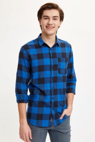 Slim Fit Kare Desenli Uzun Kollu Gömlek