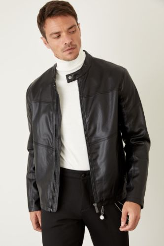 Slim Fit Dik Yaka Suni Deri Suni Deri Mont