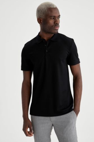 Slim Fit Polo Yaka Kısa Kollu Siyah Tişört