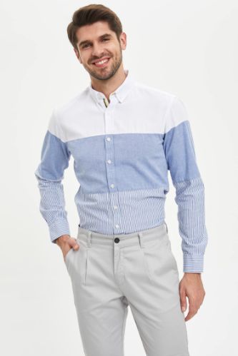 Modern Fit Blok Desenli Uzun Kollu Gömlek