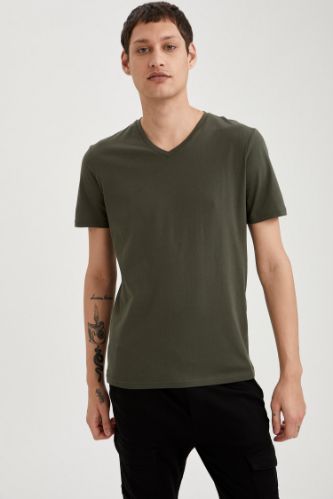 Slim Fit V Yaka Basic Haki Tişört