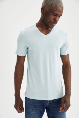 Slim Fit V Yaka Basic Beyaz Tişört