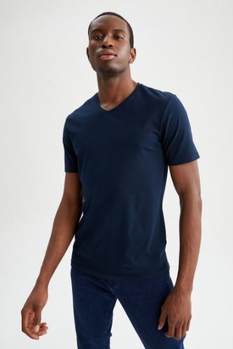 Slim Fit V Yaka Basic Pamuklu Penye Tişört