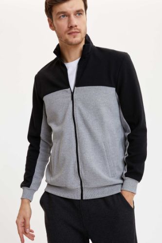 Blok Desenli Regular Fit Fermuarlı Sweatshirt