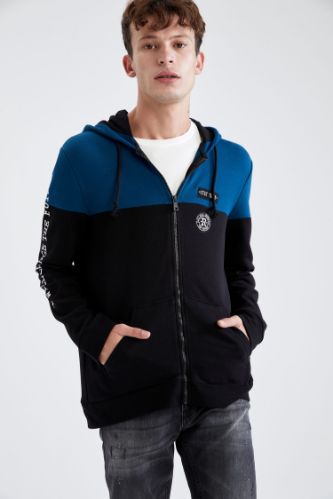 Blok Desenli Slim Fit Kapüşonlu Sweatshirt