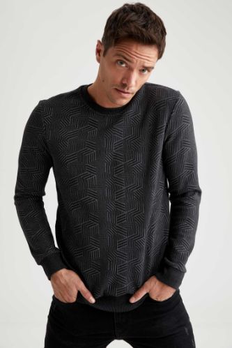Regular Fit Bisiklet Yaka Geri Dönüşümlü Pamuklu Uzun Kollu Sweatshirt