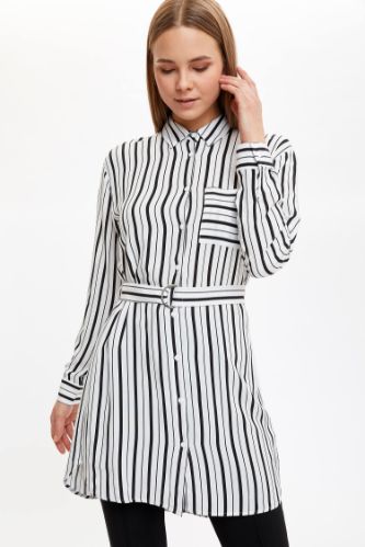 Relax Fit Çizgili Beli Kuşaklı Tunik