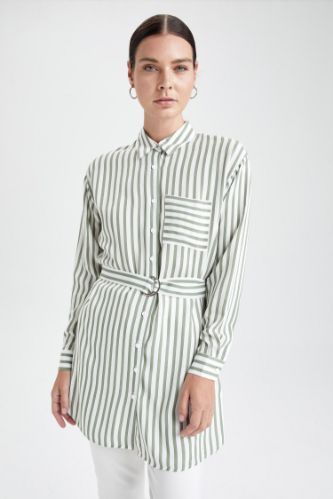Relax Fit Çizgili Beli Kuşaklı Tunik
