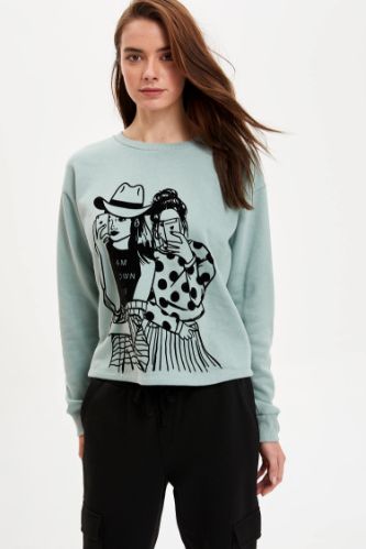 Fotoğraf Baskılı Regular Fit Gömlek Yaka Uzun Kollu Sweatshirt