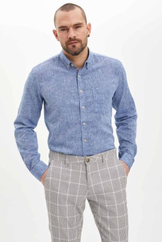 Modern Fit Keten Karışımlı Uzun Kollu Gömlek