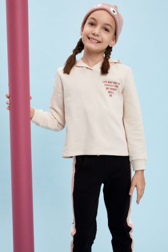 Kız Çocuk Yazı Baskılı Kapüşonlu Sweatshirt