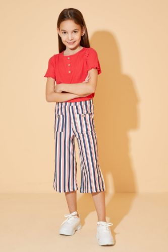 Kız Çocuk Wide Leg Çizgili Cep Detaylı Pantolon