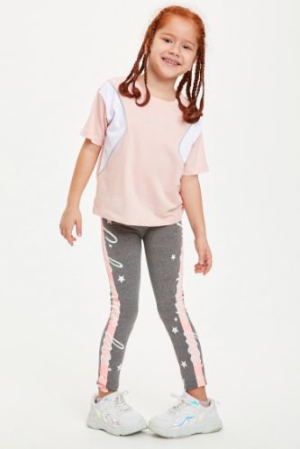 Kız Çocuk Slim Fit Şerit Baskılı Detaylı Tayt