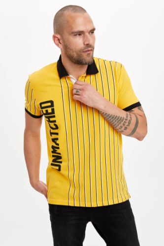 Slim Fit Polo Yaka Slogan Desenli Kısa Kollu Polo Tişört