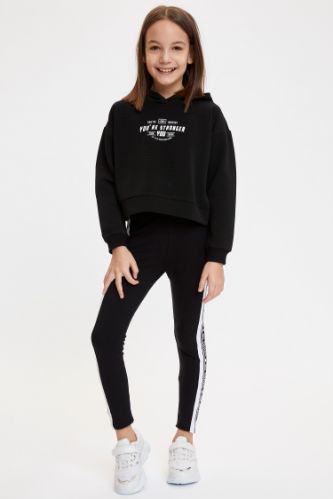 Kız Çocuk Slim Fit Yanı Şerit Baskı Detaylı Tayt