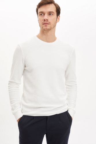 Slim Fit Bisiklet Yaka Cepsiz Pamuklu Uzun Kollu Sweatshirt