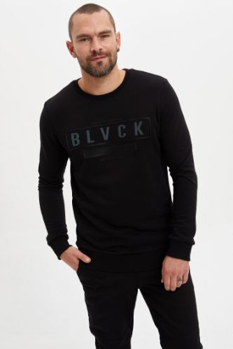 Slim Fit Bisiklet Yaka Slogan Desenli Uzun Kollu Sweatshirt