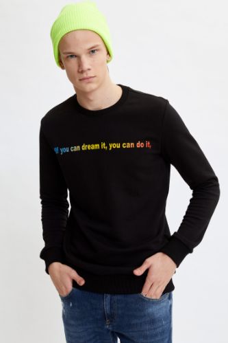 Bisiklet Yaka Baskılı Slim Fit Sweatshirt