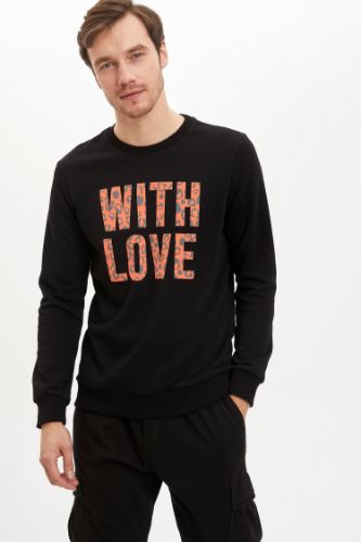 Slim Fit Slogan Desenli Uzun Kollu Sweatshirt