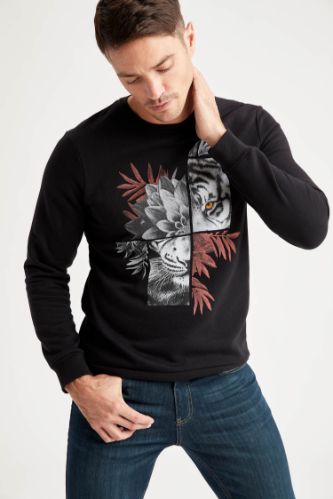 Slim Fit Bisiklet Yaka Cepsiz Uzun Kollu Sweatshirt