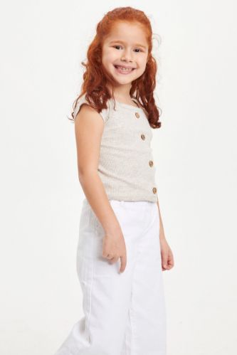 Kız Çocuk Slim Fit Düğmeli Kısa Kollu Tişört