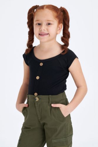 Kız Çocuk Slim Fit Düğmeli Kısa Kollu Tişört