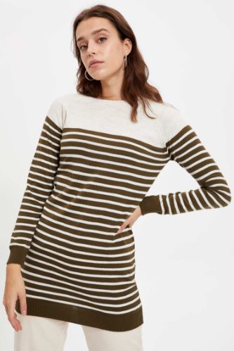 Regular Fit Bisiklet Yaka Çizgili Triko Tunik