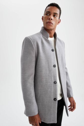 Slim Fit Dik Yaka Kaşe Kaban
