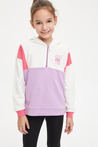 Kız Çocuk Yazı Baskılı Renk Bloklu Sweatshirt