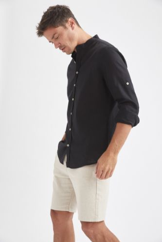 Modern Fit Hakim Yaka Uzun Kollu Keten Gömlek