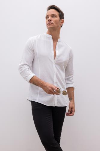 Modern Fit Straight Collar Long Sleeve Linen Shirt