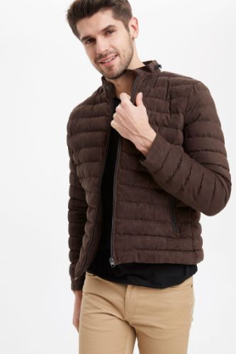 Süet Dik Yaka Şişme Mont