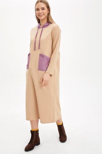 Renk Bloklu Kapüşonlu Relax Fit Maxi Sweat Elbise