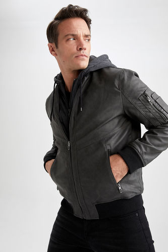Slim Fit Hooded Faux Leather Coat