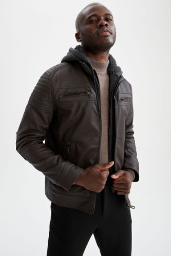 Slim Fit Kapüşonlu İçi Yumuşak Tüylü Suni Deri Mont