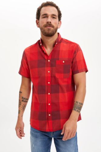 Slim Fit Kare Desenli Kısa Kollu Gömlek